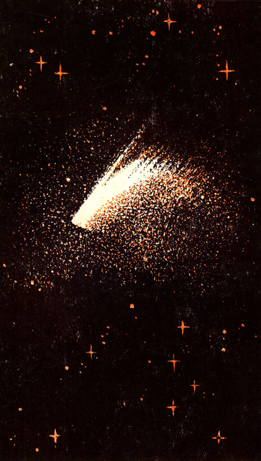Комета Маркоса (1957 V), у которой, кроме узкого и прямого плазменного: хвоста, виден широкий пылевой хвост с полосами 'синхрон', соответствующими дискретному выбросу пыли из кометного ядра